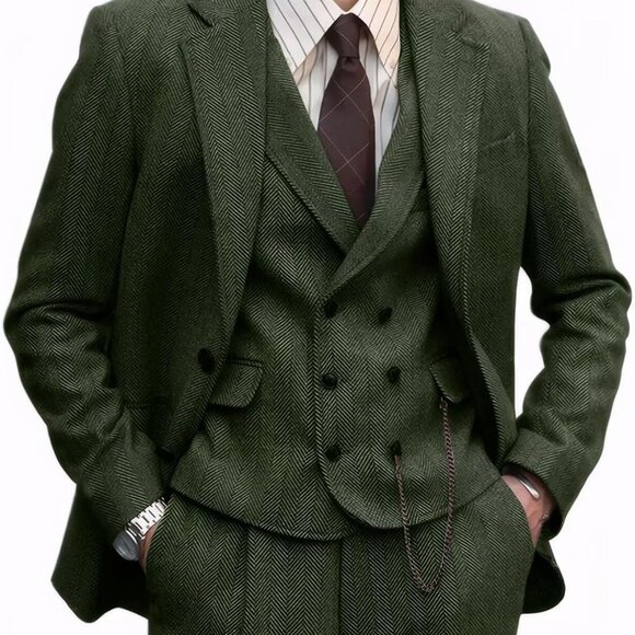 Elegant Green Tweed Herringbone 3-Piece Men’s Suit Set for Weddings & Events - Picture 1 of 5